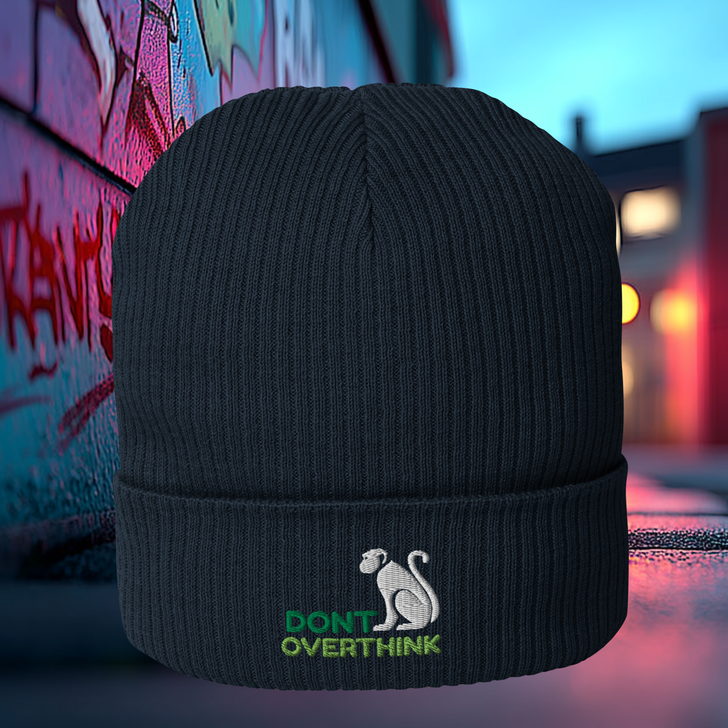 Don’t Overthink Monkey Organic Ribbed Beanie | Vegan Eco-Friendly Winter Hat